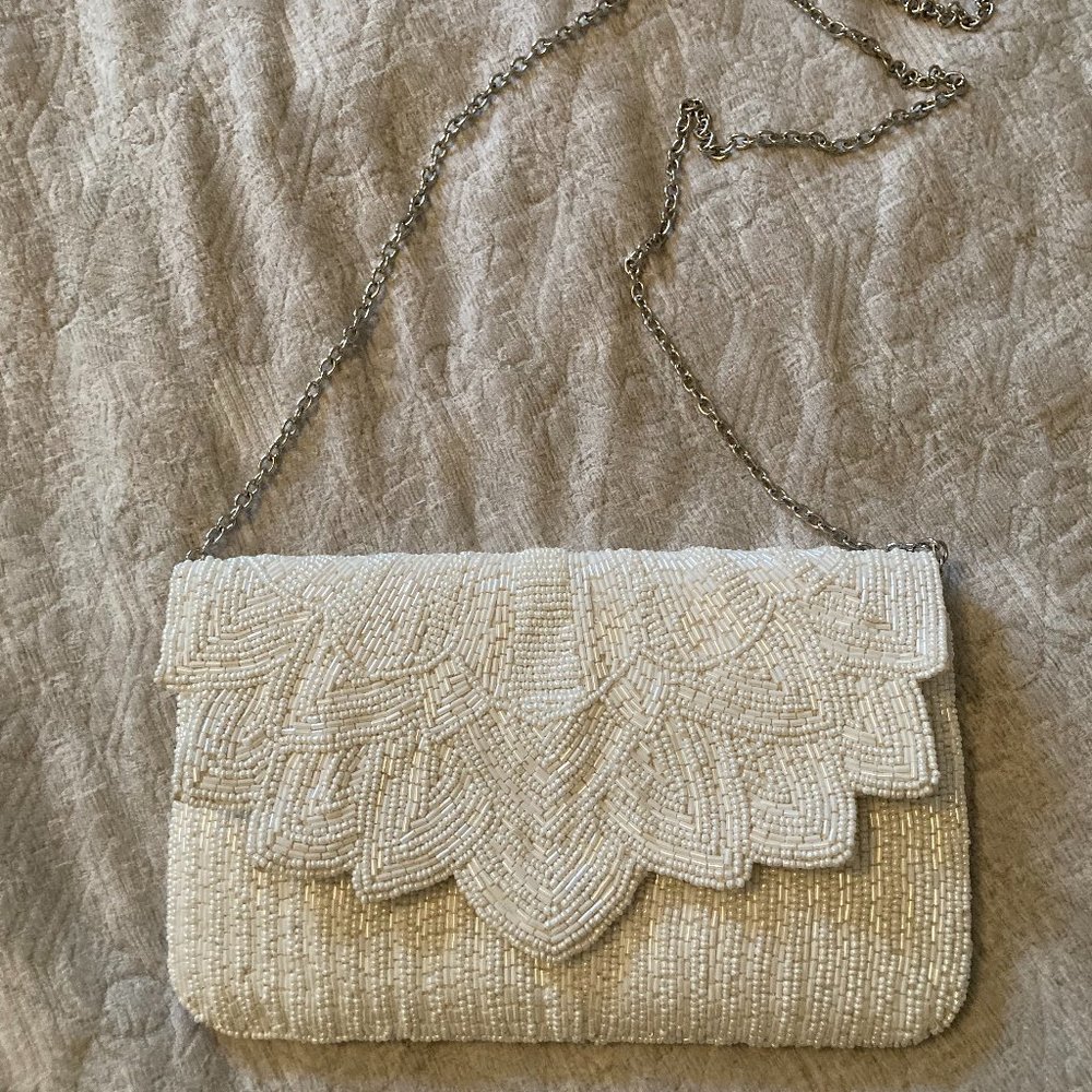 White beaded clutch purse crossbody bag